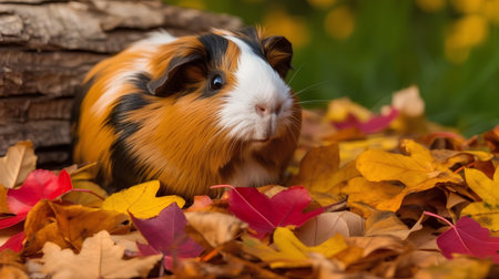 guinea pig in autumn leaves on a background of the autumn forestの素材