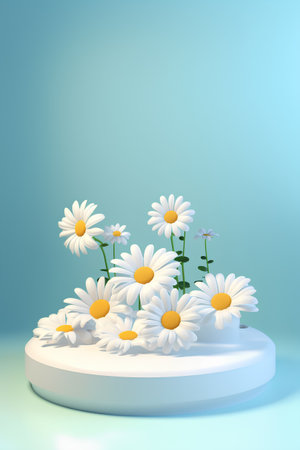 3d illustration of white daisies on a blue background.の素材