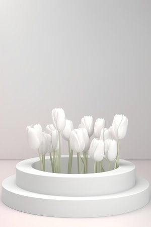 White tulips on a white pedestal. 3D illustration.の素材
