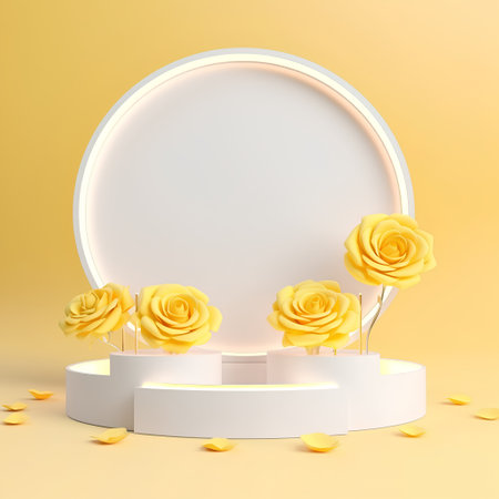 3d render of white round podium with golden roses and petals on yellow backgroundの素材
