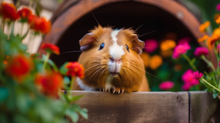 Guinea pig in the garden on a background of flowers in summerの素材