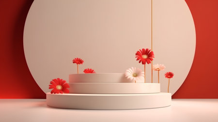 3d render of minimal product display podium with red and white flowersの素材