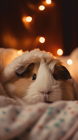 Cute guinea pig in bed with Christmas lights. New year and Christmas concept.の素材