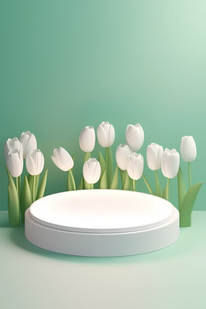 3d render of white tulips on a green background with podiumの素材