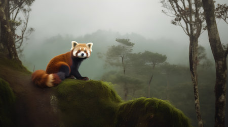 Red panda sitting on a mossy rock in the forest.の素材