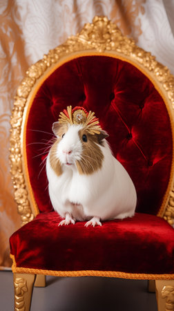 Guinea pig sitting on a red velvet armchair with a golden crownの素材