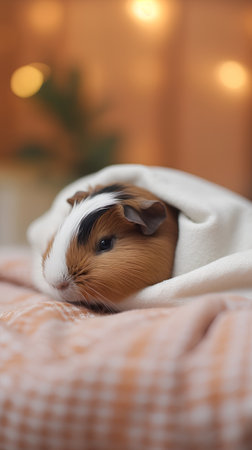 Cute guinea pig lying on a blanket in a cozy roomの素材