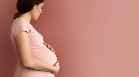 Pregnant woman touching her belly against pink background with copy spaceの素材