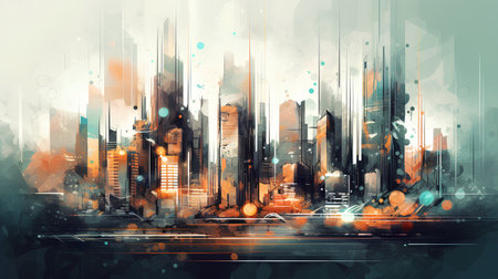 Abstract urban background with skyscrapers and lights. Vector illustration.の素材