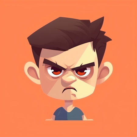 Angry cartoon boy. Vector illustration in a flat style. Orange background.の素材