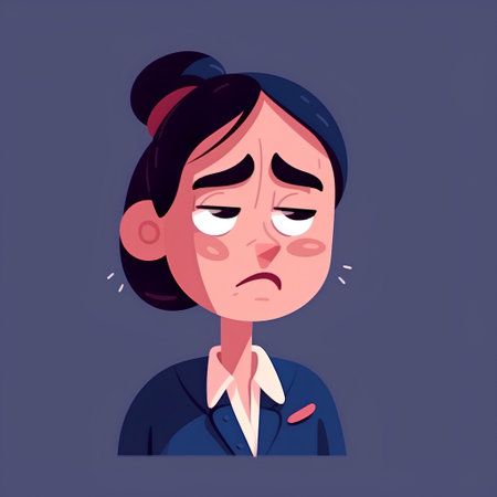 Sad woman cartoon character. Vector illustration in a flat style on a blue background.の素材