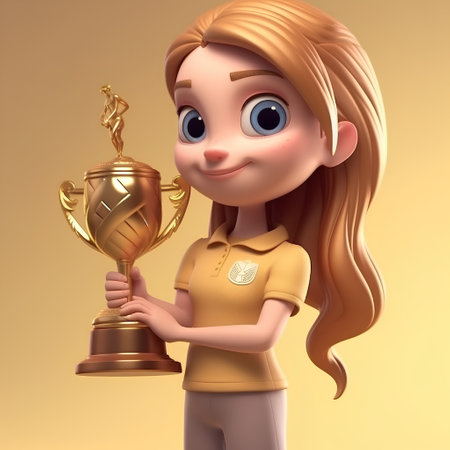 3D Render of a Little Girl Holding a Trophy on a Gold Backgroundの素材