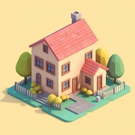 Isometric house with garden on the ground. 3D illustration.の素材