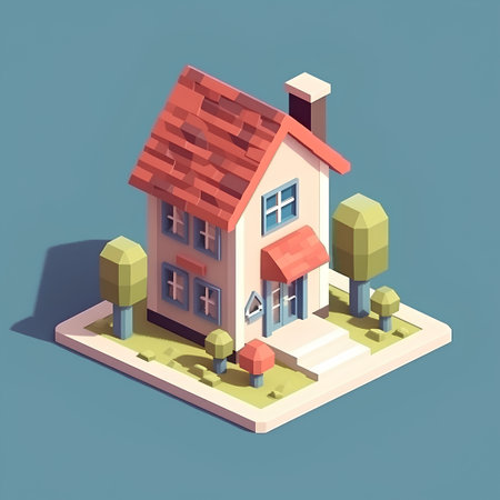 Isometric house with trees on the ground, 3d vector illustrationの素材