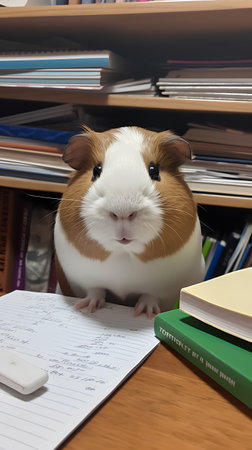 Guinea pig sitting at the desk in front of bookshelfの素材