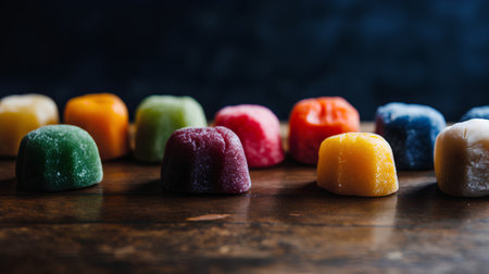 Multicolored candies on dark wooden background. Selective focus.の素材