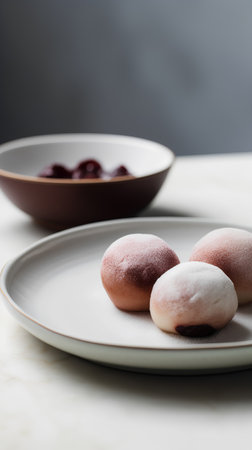 Mochi on plate. Traditional Japanese dessert. Selective focus.の素材