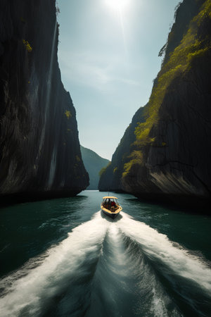 Aerial view of longtail boat in Halong bay, Vietnamの素材