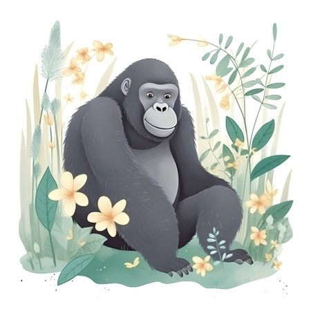 Gorilla in the jungle with flowers. Illustration for children.の素材