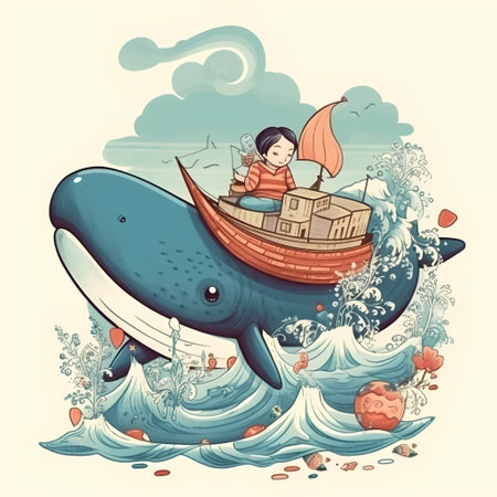 Illustration of a little boy riding a big whale on the seaの素材