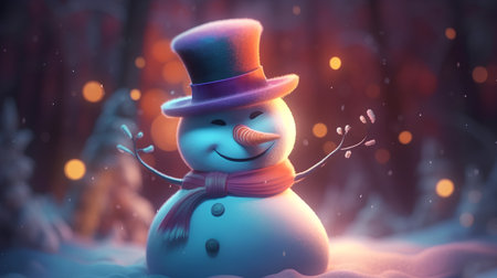 Snowman with hat and scarf in winter forest. 3d renderの素材