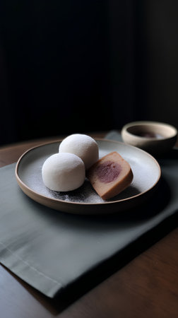 Japanese confectionery, kochi with sugar powder on a plateの素材