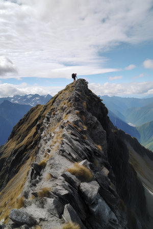 Hiker on the top of a mountain. 3D render.の素材