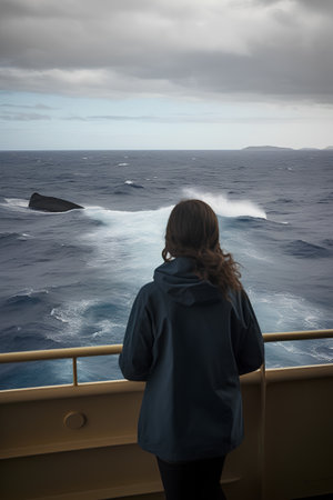 woman looking at the sea waves from a cruise ship in the middle of the oceanの素材