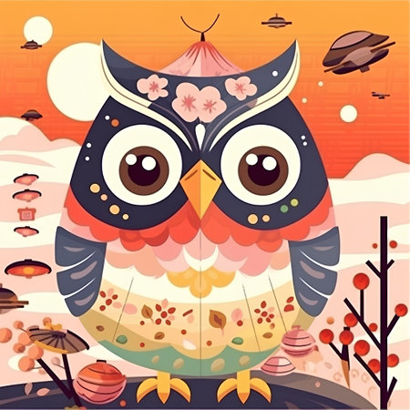 Owl on the background of the autumn landscape. Vector illustration.の素材