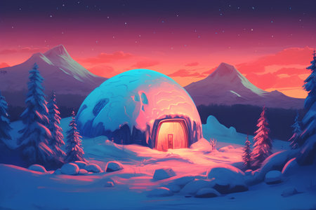 Winter night landscape with igloo in the mountains. Cartoon illustration.の素材