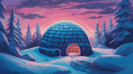 Illustration of an igloo in the winter forest at sunset.の素材
