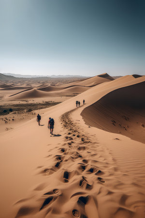 Group of tourists walking in the sand dunes of the Sahara Desert, Moroccoの素材