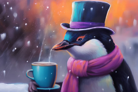 Penguin in a hat with a cup of coffee in winterの素材