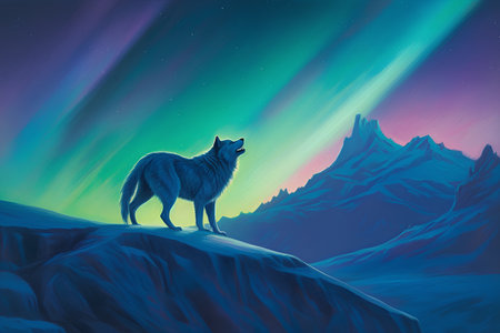 Illustration of a wolf at the edge of a cliff against the backdrop of a colorful northern lights.の素材
