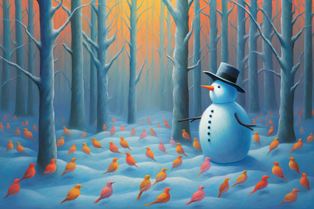 Winter landscape with a snowman in a hat and a snowy forest.の素材