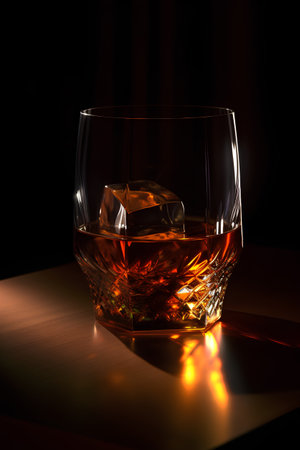 Glass of whiskey with ice on a dark background. Close-up.の素材