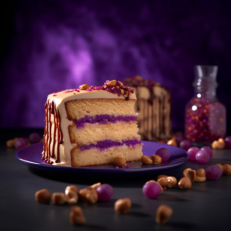 Piece of cake with nuts on a purple plate on a dark backgroundの素材