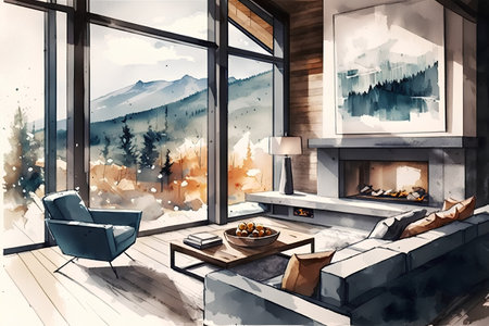 Modern living room interior. Digital watercolor painting with a view of the mountainsの素材