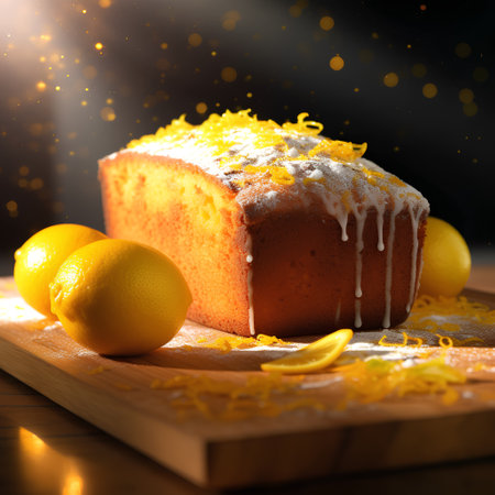 Lemon cake on a wooden board with lemon slices on a black backgroundの素材