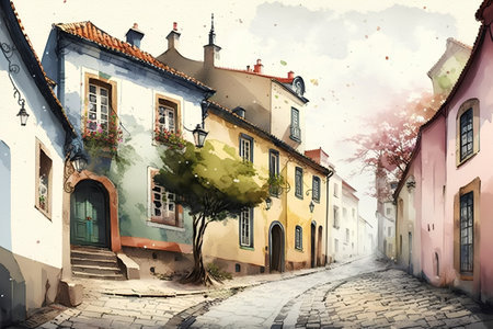 Digital watercolor painting of a street in Prague, Czech Republic.の素材