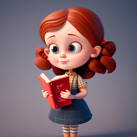 Cute little schoolgirl reading a book. 3d rendering.の素材