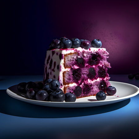 Blueberry cheesecake on a plate with blueberries on a blue backgroundの素材
