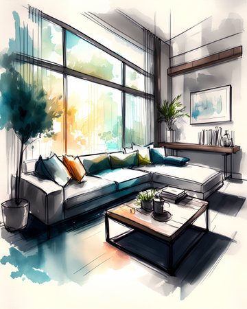 Sketch of the interior of the living room in a modern style.の素材
