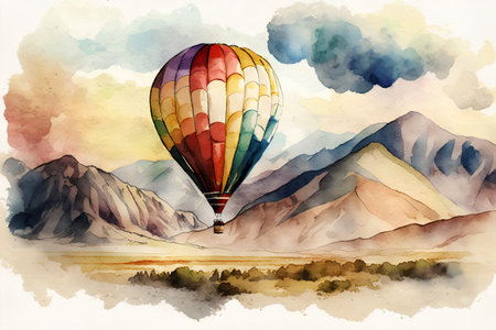 Watercolor hot air balloon flying over the mountains. Hand drawn illustrationの素材