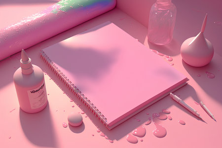 3d render of a blank notepad with a pen on a pink backgroundの素材