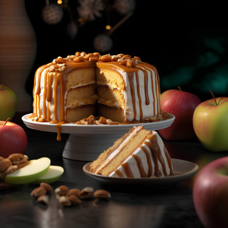 Piece of cake with caramel and apples on a dark background.の素材
