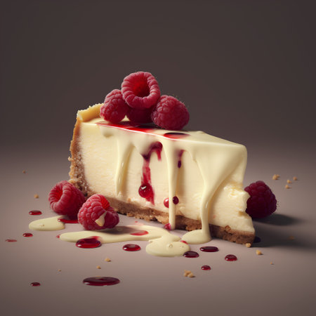 Piece of cheesecake with raspberries on a dark backgroundの素材