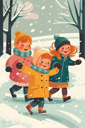 Children playing in winter park. Kids having fun in the snow. Vector illustration.の素材