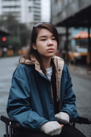 Young asian woman sitting on a wheelchair in the city, outdoor shotの素材