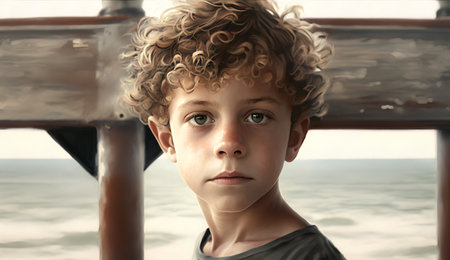 Portrait of a boy with curly hair on a background of the seaの素材
